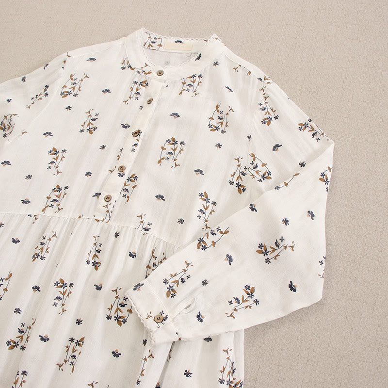 Buddha Stones 春の小花柄プリントボタンデザインクルーネック長袖ミディドレス（ポケット付き） - image 48