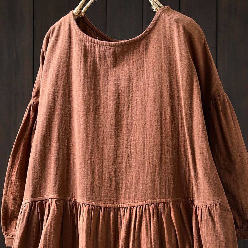 Buddha Stones 夏用無地クルーネック半袖コットンミディワンピース（ポケット付き） - image 1