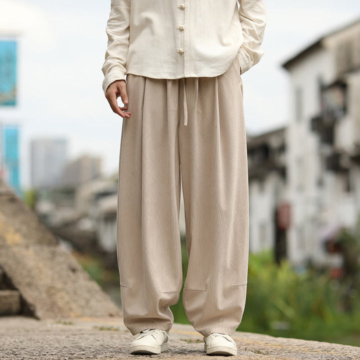 Buddha Stones 秋冬 無地 伸縮性ウエスト ドローストリング メンズ ハーレムパンツ ポケット付き - image 7