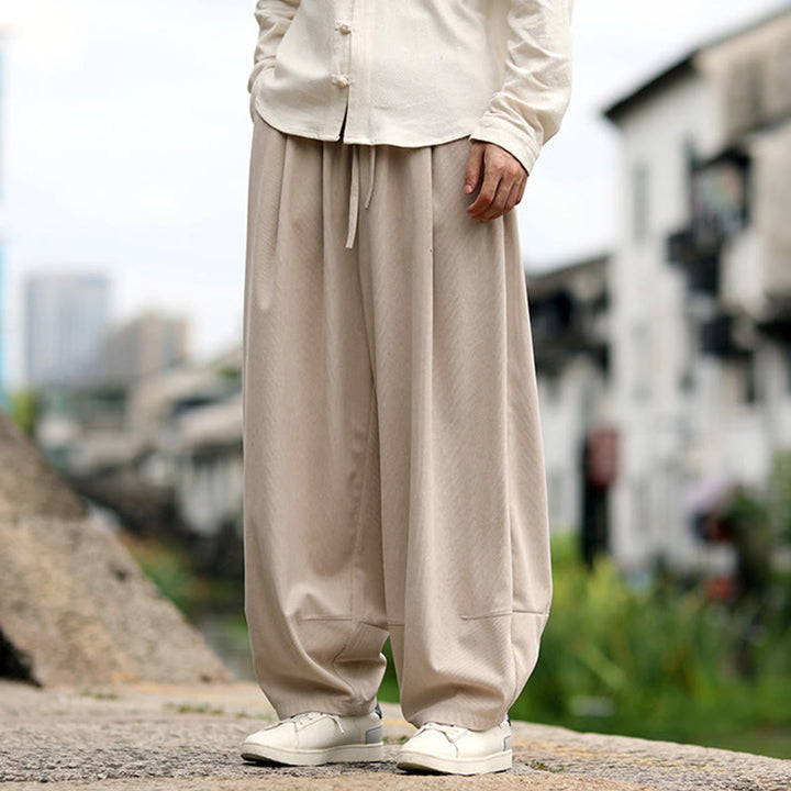 Buddha Stones 秋冬 無地 伸縮性ウエスト ドローストリング メンズ ハーレムパンツ ポケット付き - image 8