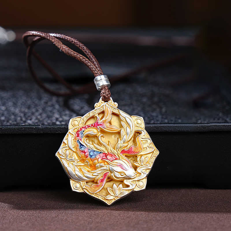 Buddha Stones 999スターリングシルバーのカラフルな鯉の彫刻が施された幸運のネックレスペンダント - 鯉（幸運♥豊かさ） - image 0