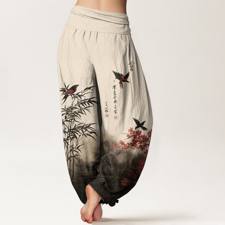 Buddha Stones コットンクラシック竹鳥花柄レディース伸縮性ウエストハーレムパンツ - image 1