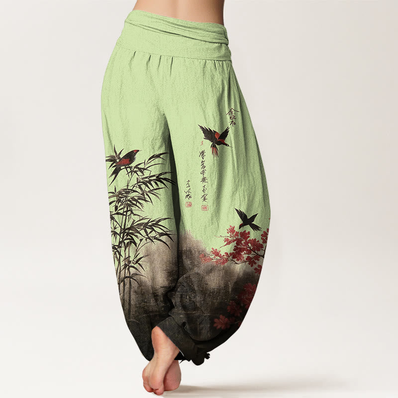 Buddha Stones コットンクラシック竹鳥花柄レディース伸縮性ウエストハーレムパンツ - image 6