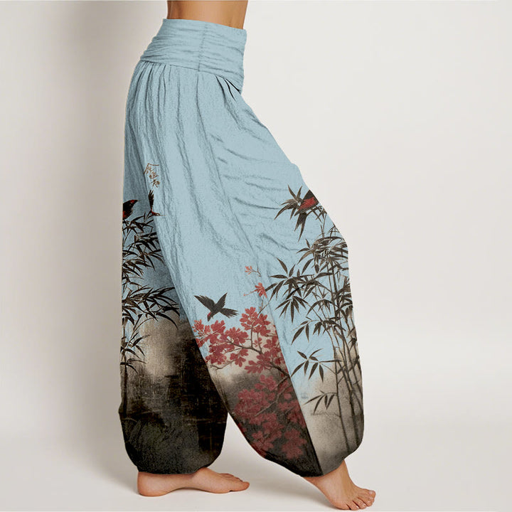Buddha Stones コットンクラシック竹鳥花柄レディース伸縮性ウエストハーレムパンツ - image 10
