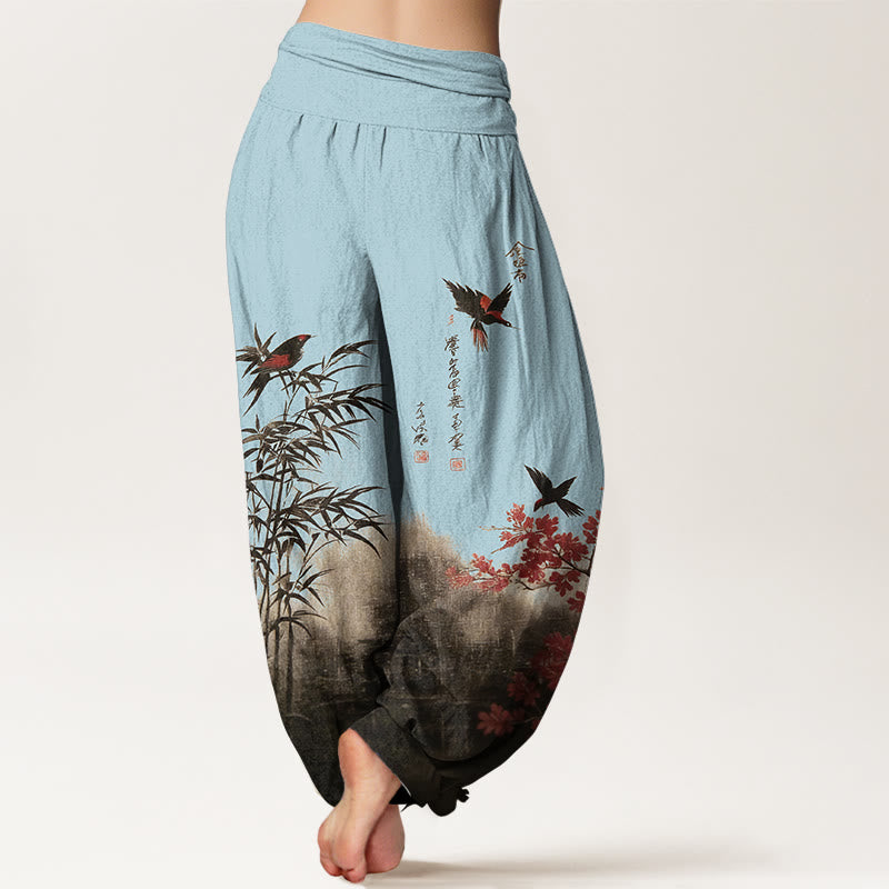 Buddha Stones コットンクラシック竹鳥花柄レディース伸縮性ウエストハーレムパンツ - image 9