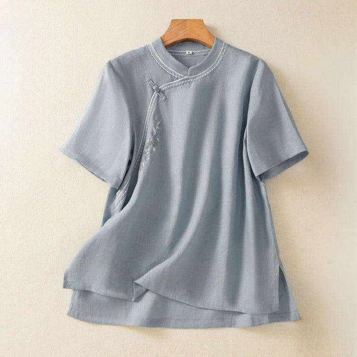 Buddha Stones 夏 スタンドカラー 半袖 無地 レディース フロッグボタン コットンシャツ ポケット付き - ライトスチールブルー - US8-10，UK/AU12-14，EU40-42 (2XL) - image 0