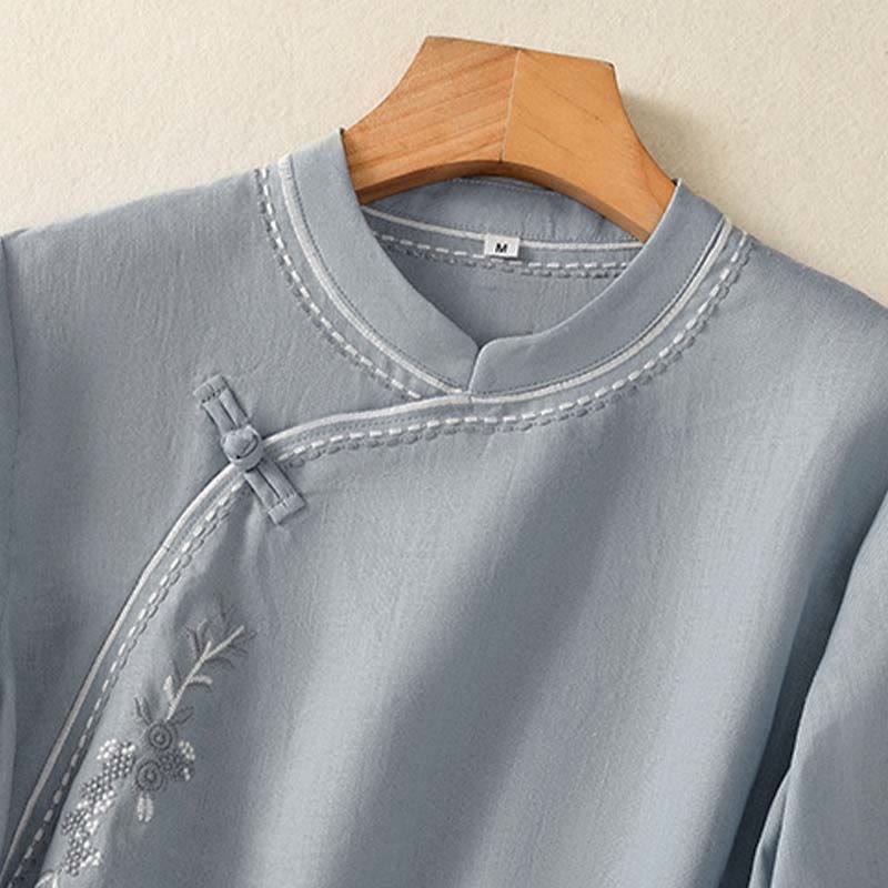 Buddha Stones 夏 スタンドカラー 半袖 無地 レディース フロッグボタン コットンシャツ ポケット付き - image 3