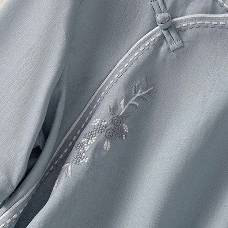 Buddha Stones 夏 スタンドカラー 半袖 無地 レディース フロッグボタン コットンシャツ ポケット付き - image 6