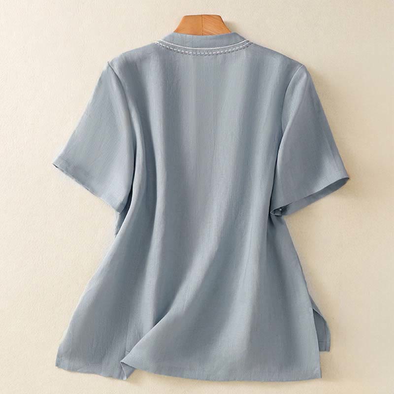 Buddha Stones 夏 スタンドカラー 半袖 無地 レディース フロッグボタン コットンシャツ ポケット付き - image 2