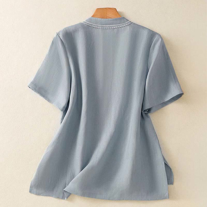 Buddha Stones 夏 スタンドカラー 半袖 無地 レディース フロッグボタン コットンシャツ ポケット付き - image 2