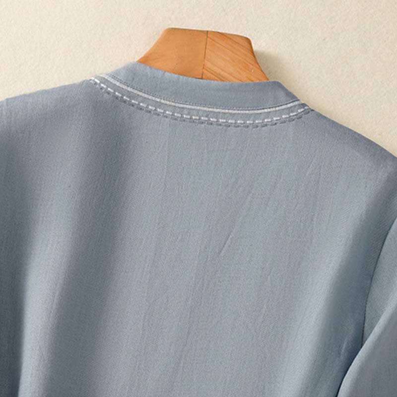 Buddha Stones 夏 スタンドカラー 半袖 無地 レディース フロッグボタン コットンシャツ ポケット付き - image 9