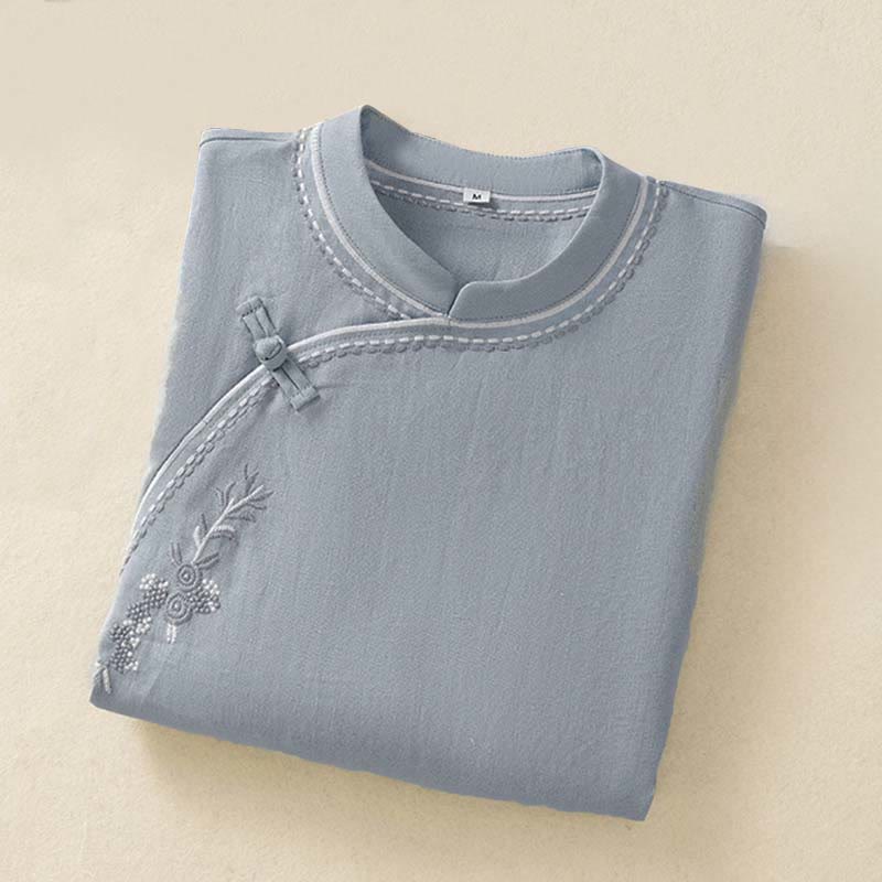 Buddha Stones 夏 スタンドカラー 半袖 無地 レディース フロッグボタン コットンシャツ ポケット付き - image 1