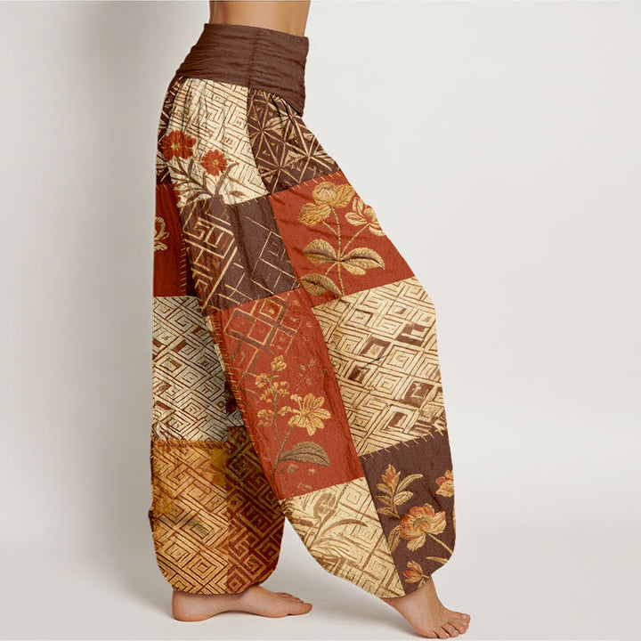 Buddha Stones コットンカラーブロッキングデザインフラワージオメトリック柄レディース伸縮性ウエストハーレムパンツ - image 7