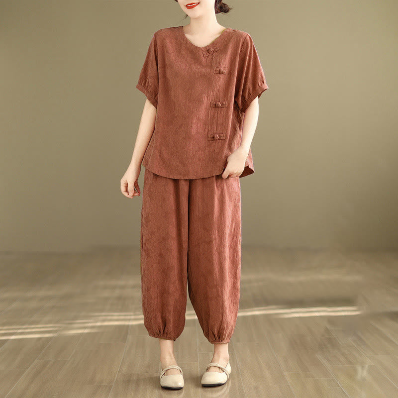 Buddha Stones 2点セット 花柄 カエルボタン シャツ コットン ハーレムパンツ ポケット付き - インディアンレッド - US12、 UK/AU16、 EU44 (3XL) - image 14