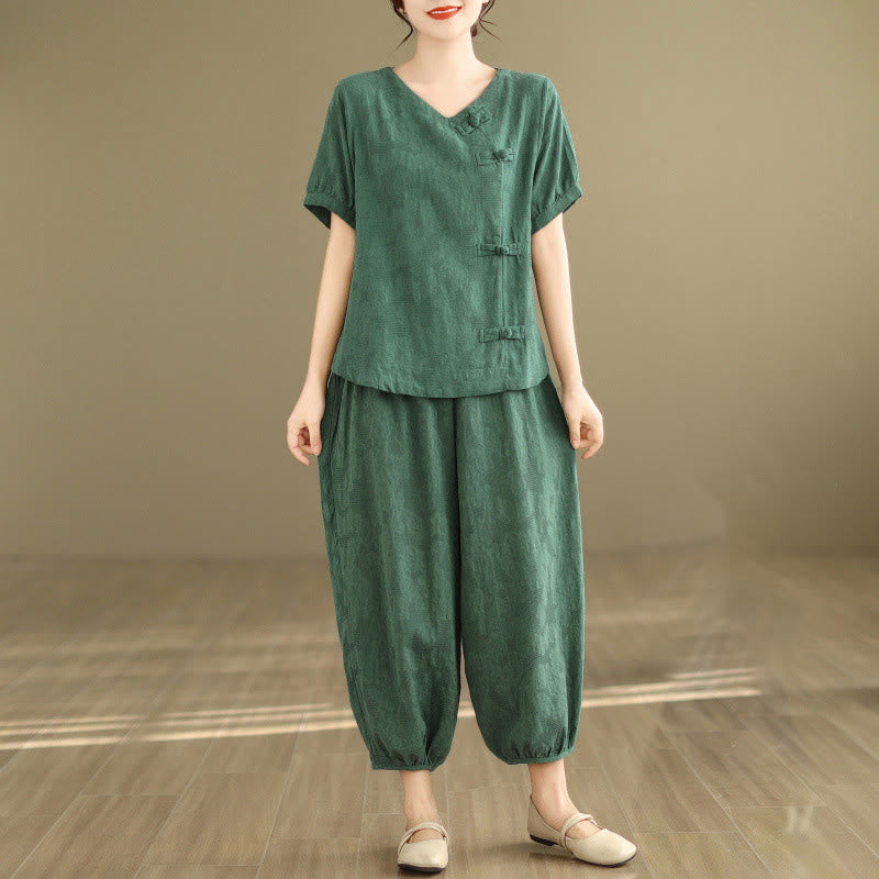 Buddha Stones 2点セット 花柄 カエルボタン シャツ コットン ハーレムパンツ ポケット付き - シーグリーン - US12、 UK/AU16、 EU44 (3XL) - image 0