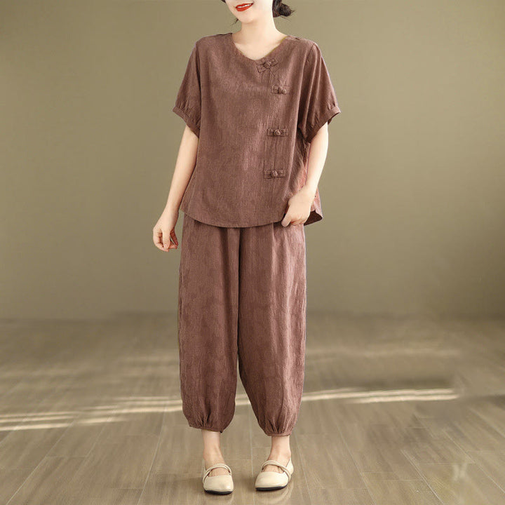 Buddha Stones 2点セット 花柄 カエルボタン シャツ コットン ハーレムパンツ ポケット付き - ペールバイオレットレッド - US12、 UK/AU16、 EU44 (3XL) - image 20