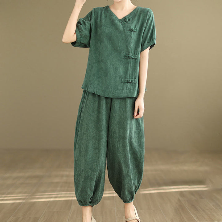 Buddha Stones 2点セット 花柄 カエルボタン シャツ コットン ハーレムパンツ ポケット付き - image 2