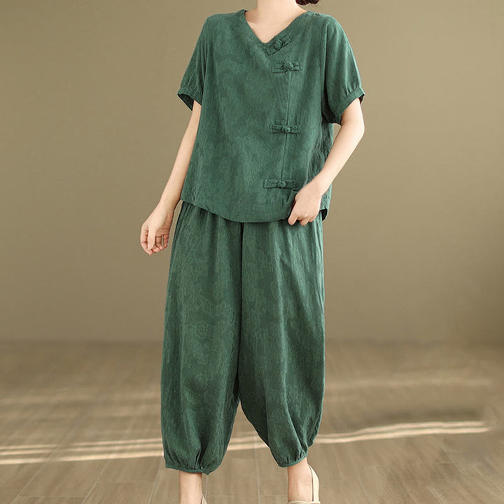 Buddha Stones 2点セット 花柄 カエルボタン シャツ コットン ハーレムパンツ ポケット付き - image 1