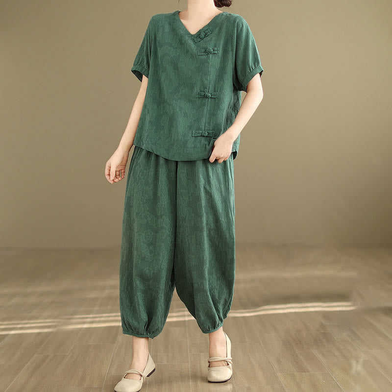 Buddha Stones 2点セット 花柄 カエルボタン シャツ コットン ハーレムパンツ ポケット付き - image 3