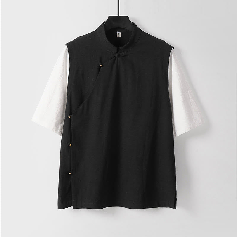 Buddha Stones 夏 2 in 1 ストライプ スタンドカラー 半袖 フロッグボタン メンズ コットンシャツ - 黒 - US/UK/AU54、 EU64 (9XL) - image 4