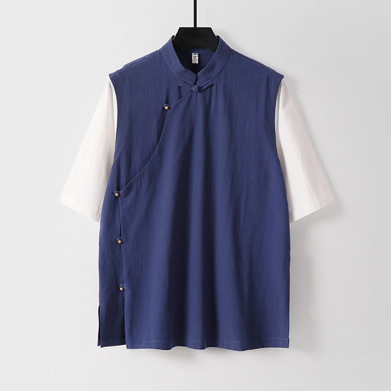 Buddha Stones 夏 2 in 1 ストライプ スタンドカラー 半袖 フロッグボタン メンズ コットンシャツ - ダークブルー - US/UK/AU54、 EU64 (9XL) - image 14