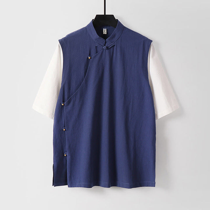 Buddha Stones 夏 2 in 1 ストライプ スタンドカラー 半袖 フロッグボタン メンズ コットンシャツ - ダークブルー - US/UK/AU54、 EU64 (9XL) - image 14