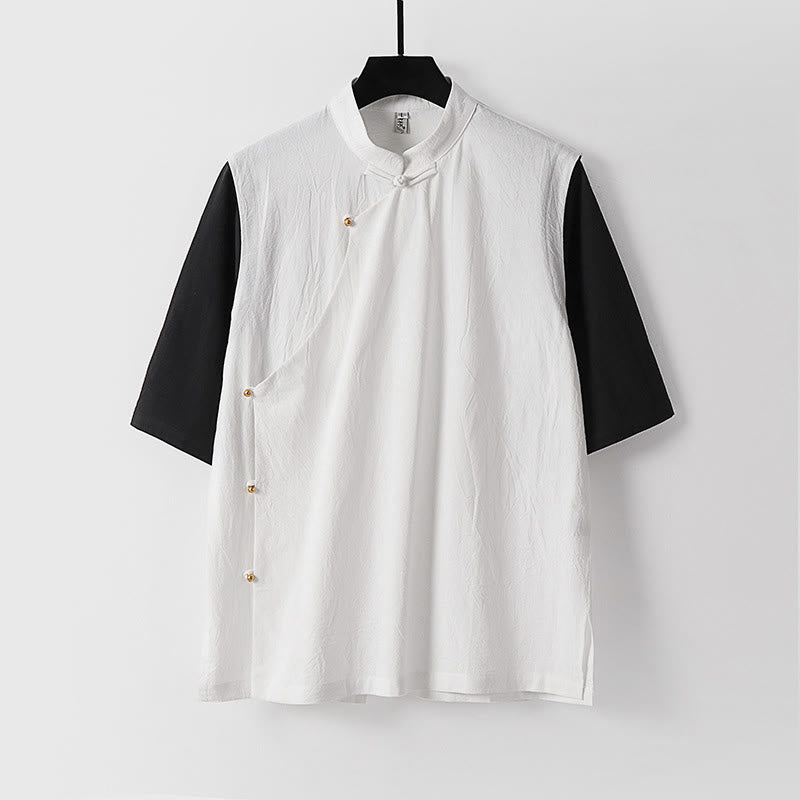 Buddha Stones 夏 2 in 1 ストライプ スタンドカラー 半袖 フロッグボタン メンズ コットンシャツ - 白 - US/UK/AU54、 EU64 (9XL) - image 2