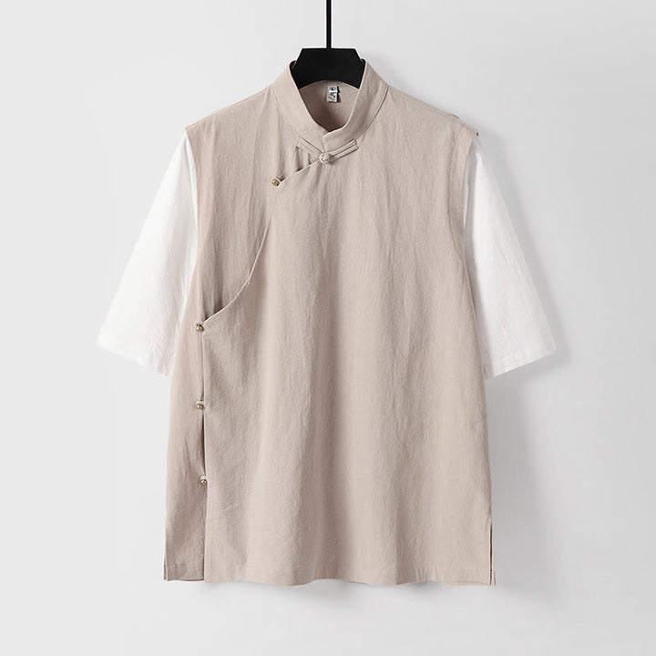 Buddha Stones 夏 2 in 1 ストライプ スタンドカラー 半袖 フロッグボタン メンズ コットンシャツ - ブランチドアーモンド - US/UK/AU54、 EU64 (9XL) - image 6