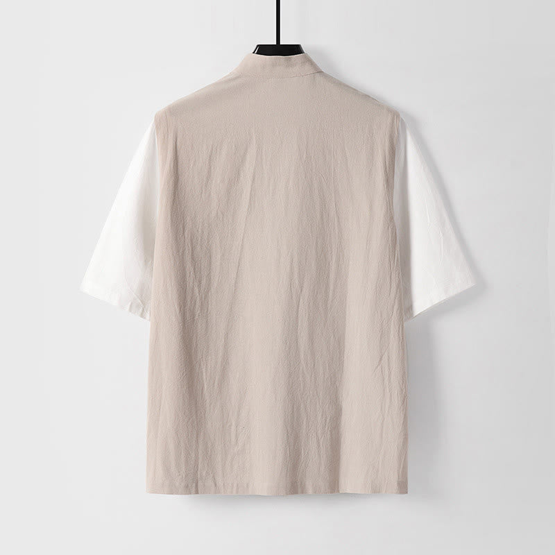 Buddha Stones 夏 2 in 1 ストライプ スタンドカラー 半袖 フロッグボタン メンズ コットンシャツ - image 8