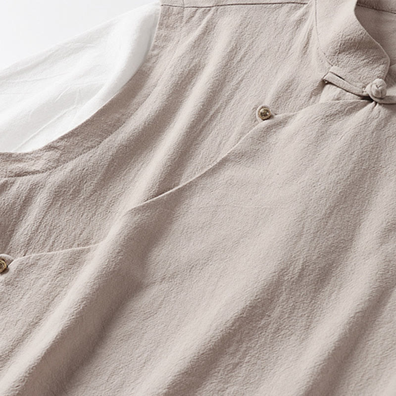 Buddha Stones 夏 2 in 1 ストライプ スタンドカラー 半袖 フロッグボタン メンズ コットンシャツ - image 9