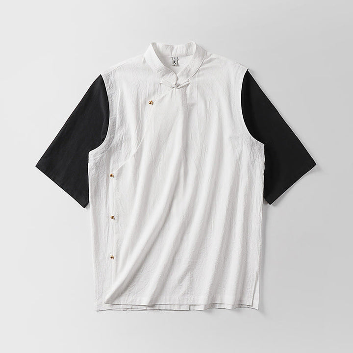 Buddha Stones 夏 2 in 1 ストライプ スタンドカラー 半袖 フロッグボタン メンズ コットンシャツ - image 3