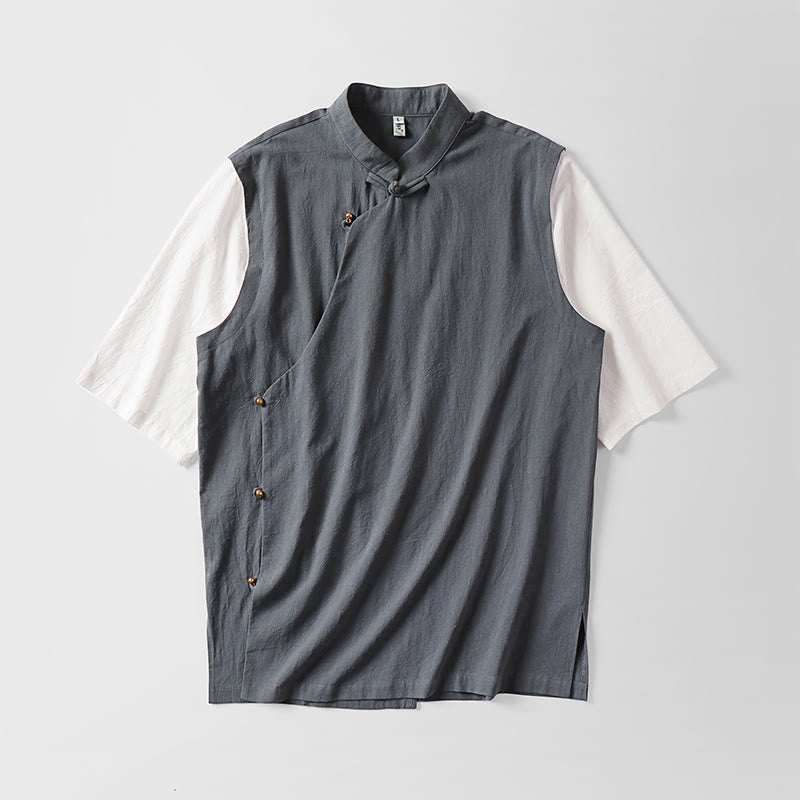 Buddha Stones 夏 2 in 1 ストライプ スタンドカラー 半袖 フロッグボタン メンズ コットンシャツ - image 1