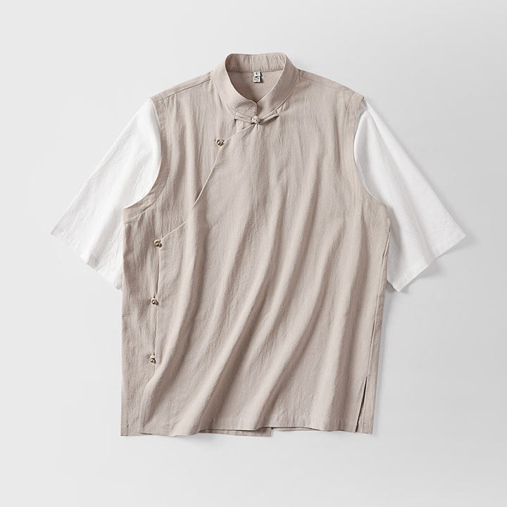 Buddha Stones 夏 2 in 1 ストライプ スタンドカラー 半袖 フロッグボタン メンズ コットンシャツ - image 7