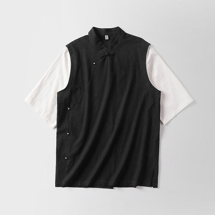 Buddha Stones 夏 2 in 1 ストライプ スタンドカラー 半袖 フロッグボタン メンズ コットンシャツ - image 5