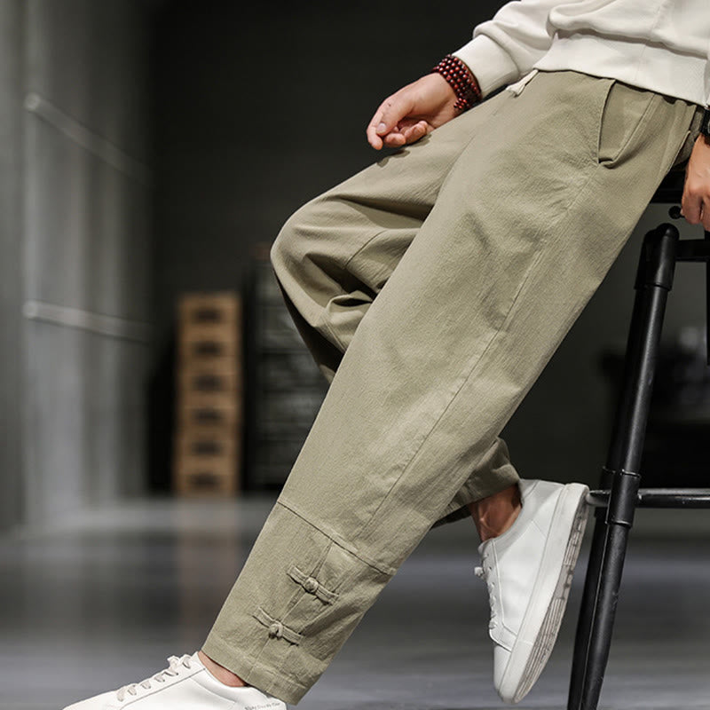 Buddha Stones ドローストリング、伸縮性ウエスト、フロッグボタン、足首丈、ポケット付きメンズコットンパンツ - ダークカーキ - US/UK/AU46、 EU56 (5XL) - image 0