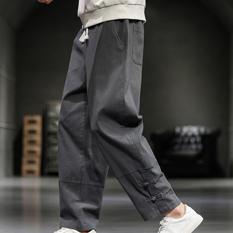 Buddha Stones ドローストリング、伸縮性ウエスト、フロッグボタン、足首丈、ポケット付きメンズコットンパンツ - image 13