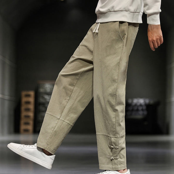 Buddha Stones ドローストリング、伸縮性ウエスト、フロッグボタン、足首丈、ポケット付きメンズコットンパンツ - image 4