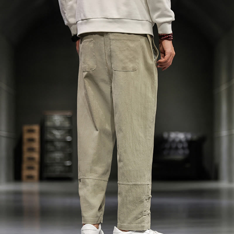 Buddha Stones ドローストリング、伸縮性ウエスト、フロッグボタン、足首丈、ポケット付きメンズコットンパンツ - image 8