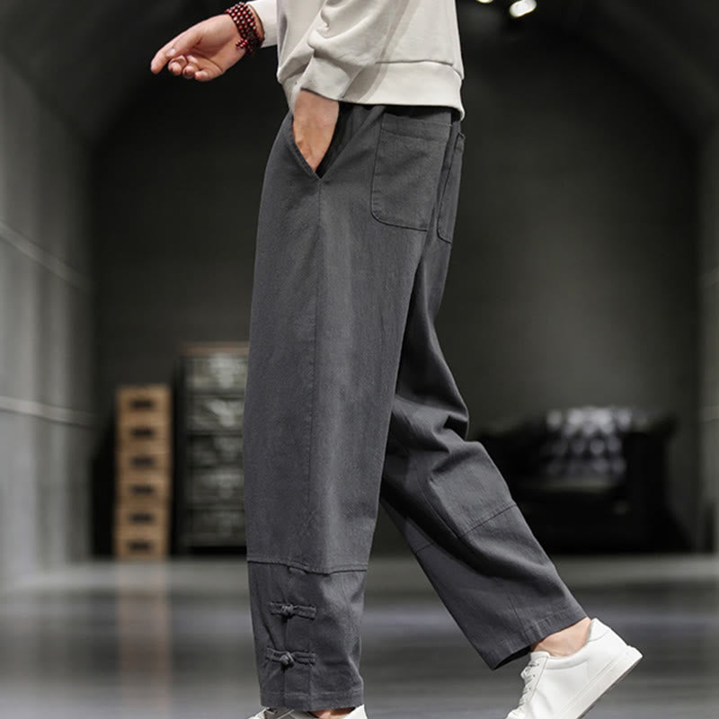 Buddha Stones ドローストリング、伸縮性ウエスト、フロッグボタン、足首丈、ポケット付きメンズコットンパンツ - image 14