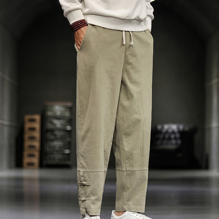 Buddha Stones ドローストリング、伸縮性ウエスト、フロッグボタン、足首丈、ポケット付きメンズコットンパンツ - image 3