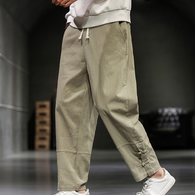 Buddha Stones ドローストリング、伸縮性ウエスト、フロッグボタン、足首丈、ポケット付きメンズコットンパンツ - image 6