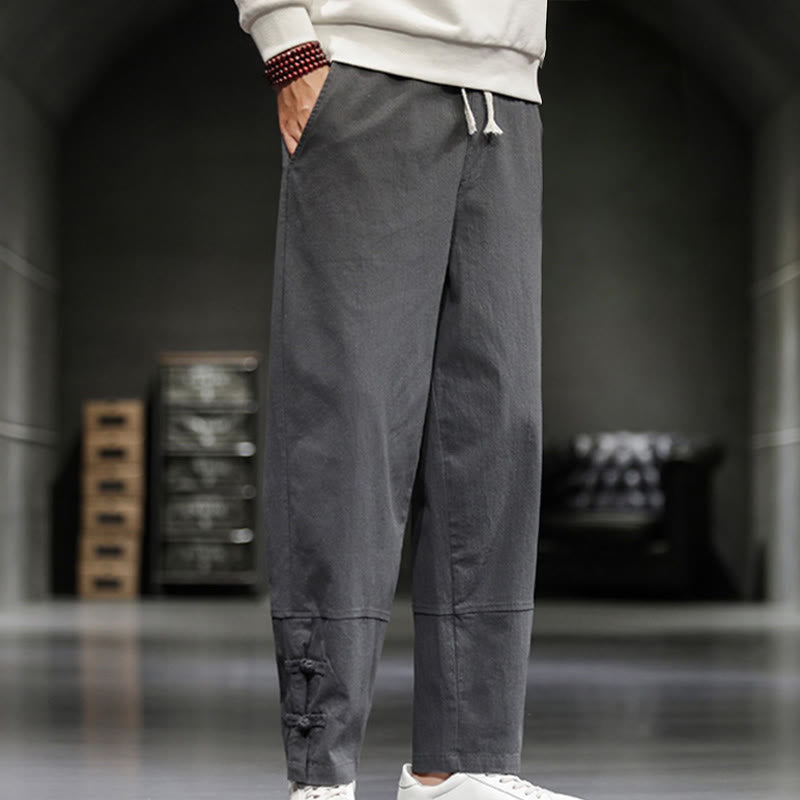 Buddha Stones ドローストリング、伸縮性ウエスト、フロッグボタン、足首丈、ポケット付きメンズコットンパンツ - image 11