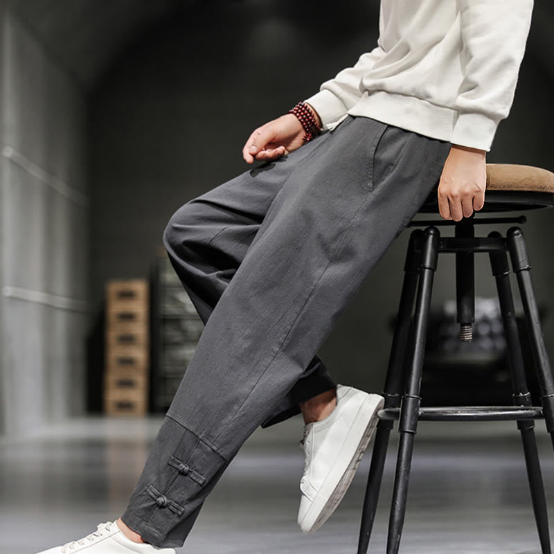 Buddha Stones ドローストリング、伸縮性ウエスト、フロッグボタン、足首丈、ポケット付きメンズコットンパンツ - image 12