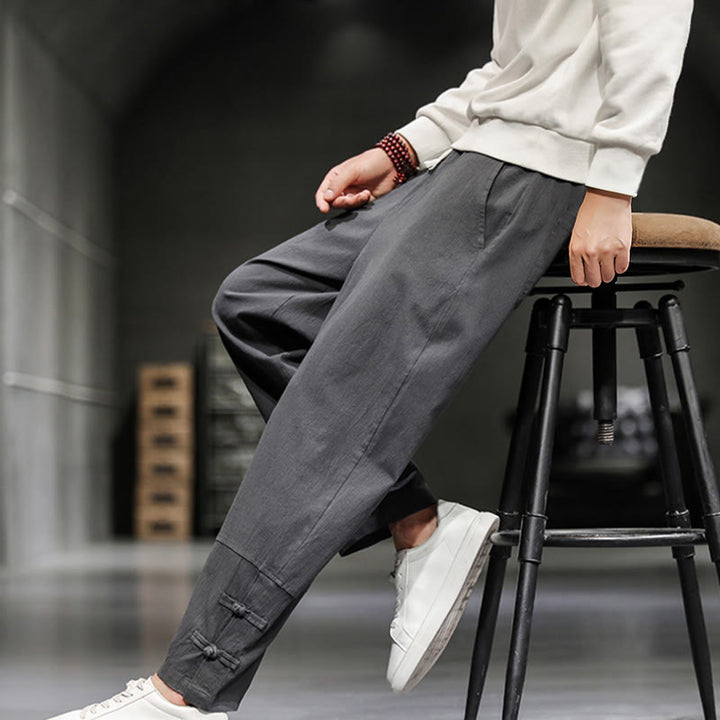 Buddha Stones ドローストリング、伸縮性ウエスト、フロッグボタン、足首丈、ポケット付きメンズコットンパンツ - image 12