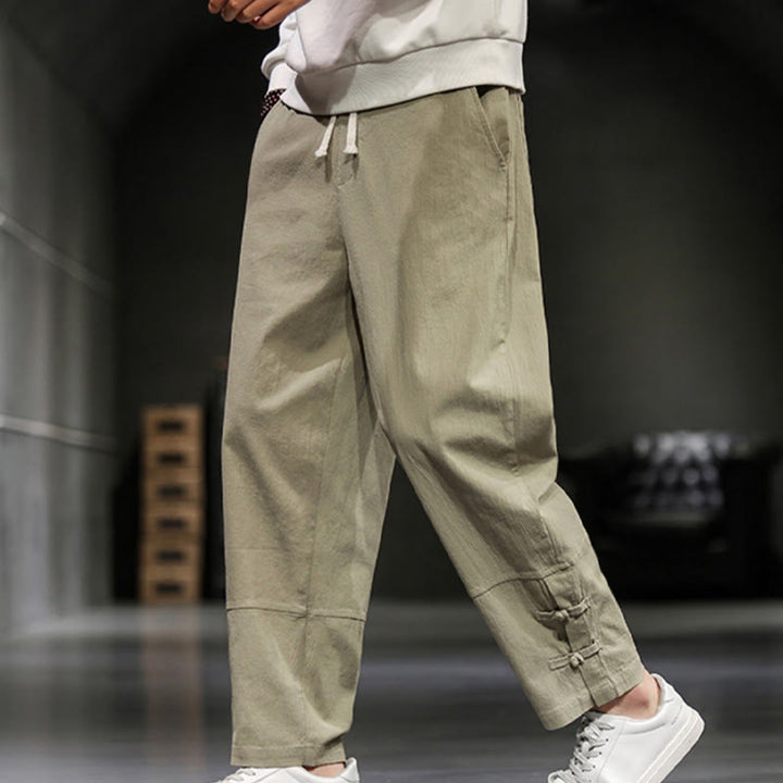 Buddha Stones ドローストリング、伸縮性ウエスト、フロッグボタン、足首丈、ポケット付きメンズコットンパンツ - image 6