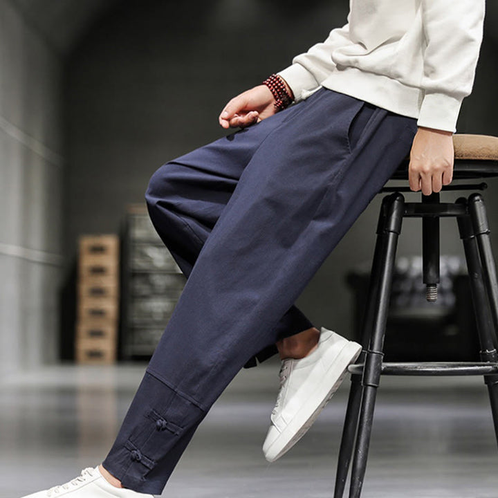 Buddha Stones ドローストリング、伸縮性ウエスト、フロッグボタン、足首丈、ポケット付きメンズコットンパンツ - image 33