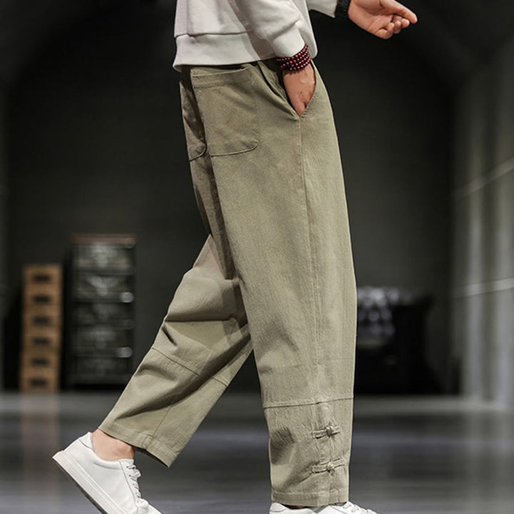 Buddha Stones ドローストリング、伸縮性ウエスト、フロッグボタン、足首丈、ポケット付きメンズコットンパンツ - image 7