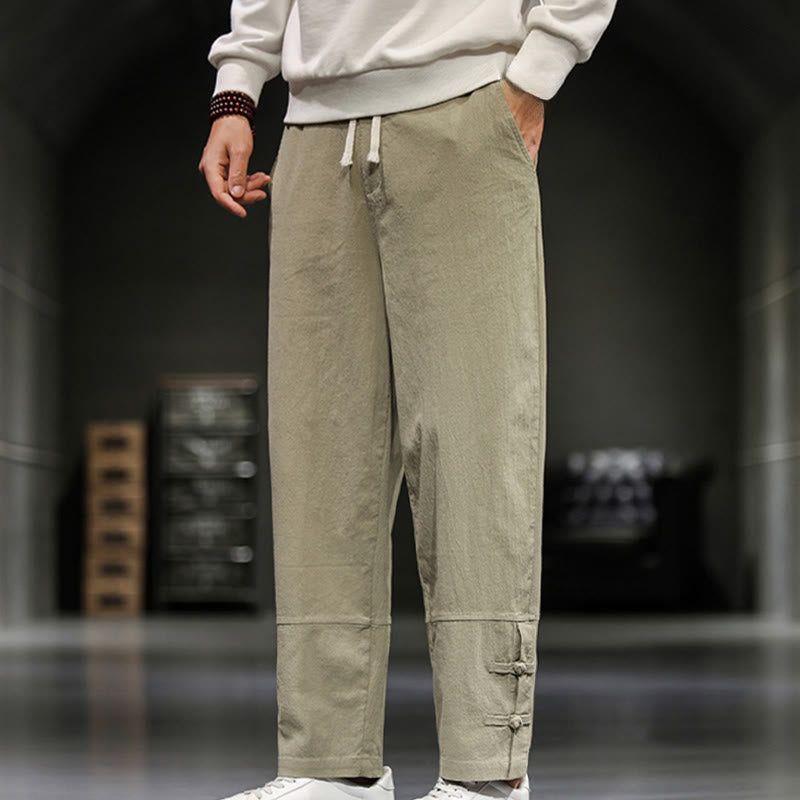Buddha Stones ドローストリング、伸縮性ウエスト、フロッグボタン、足首丈、ポケット付きメンズコットンパンツ - image 2
