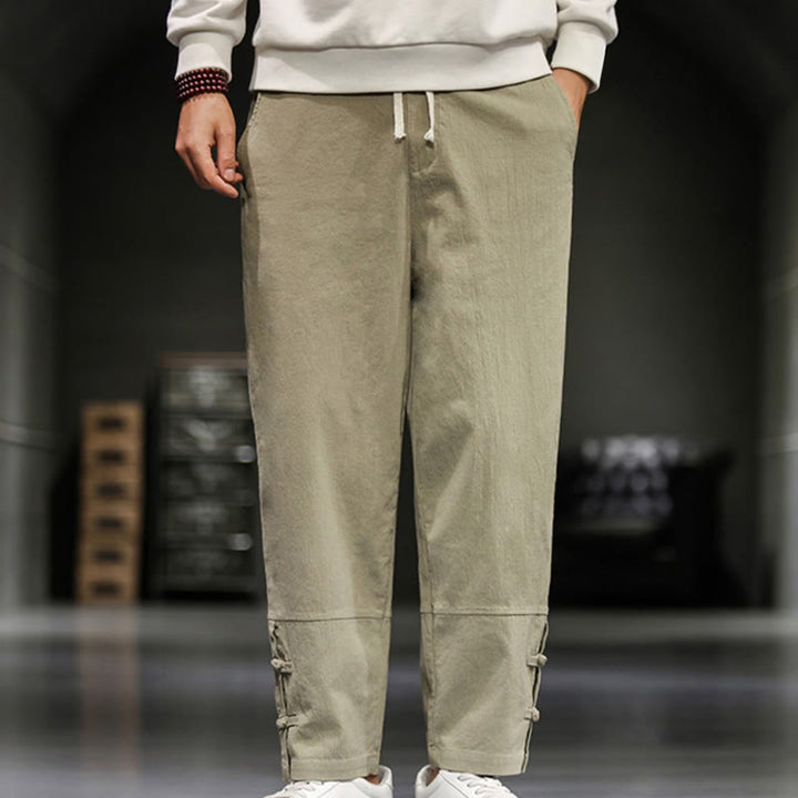 Buddha Stones ドローストリング、伸縮性ウエスト、フロッグボタン、足首丈、ポケット付きメンズコットンパンツ - image 1