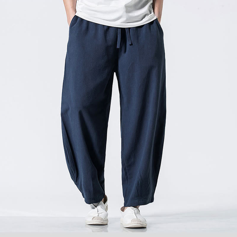 Buddha Stones ドローストリング 伸縮性ウエスト アンクル丈 メンズ コットンパンツ ポケット付き - ダークブルー - US/UK/AU46、 EU56 (5XL) - image 23